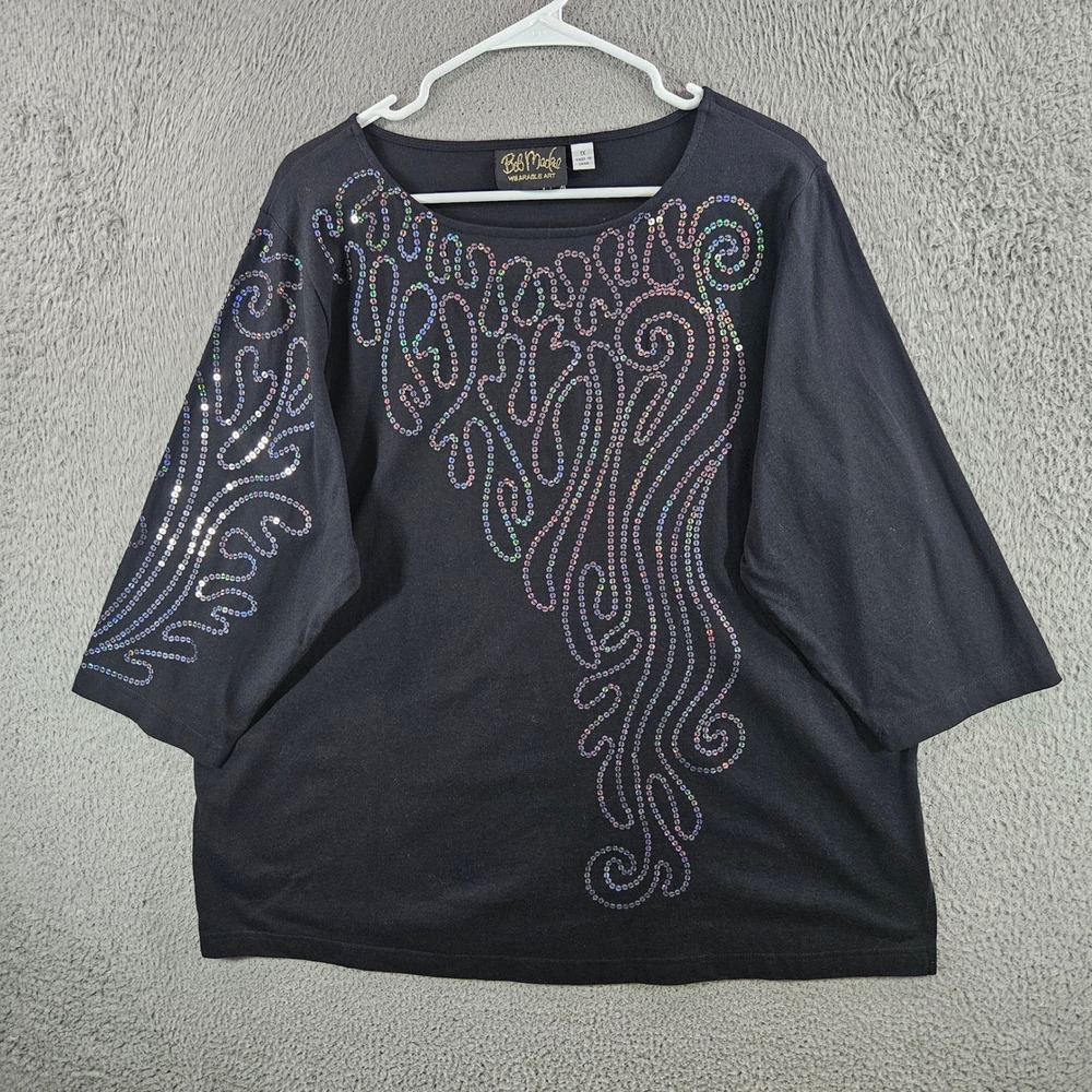 Bob Mackie Wearable Art Black Sequin Swirl Cotton Top 1X Plus Size 3/4 Sleeve